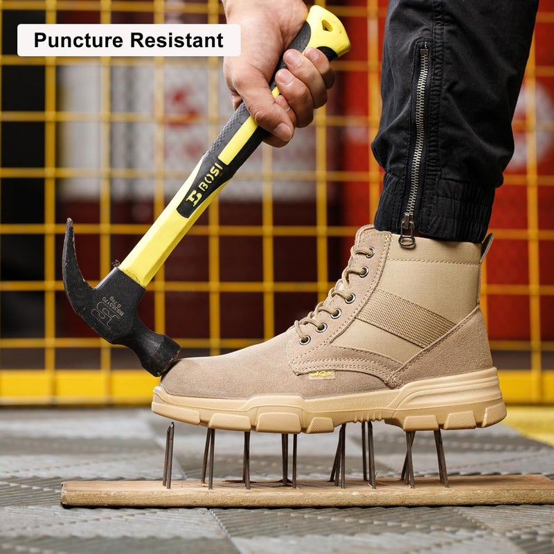 MOFEELE Store Steel Toe Boots for Men or Women, Slip Resistant Work Boots Steel Toe Shoes Indestructible Tactical Mid Top Safety Shoes for Warehouse Industry Construction - Khaki - Image 4